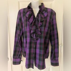 Lauren Ralph Lauren Purple Plaid Ruffle Front Long Sleeve Blouse Size Small